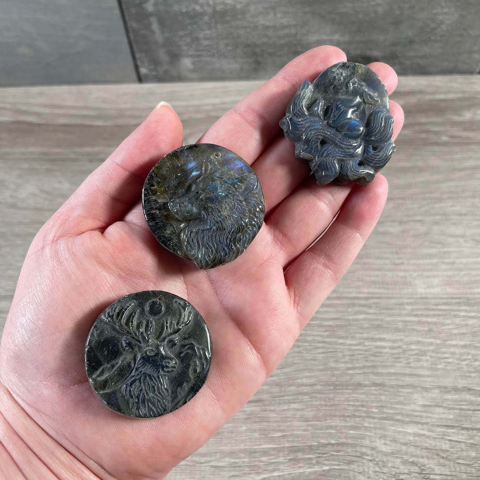 Natural labradorite gemstone carvings with blue green and rainbow flash wholesale