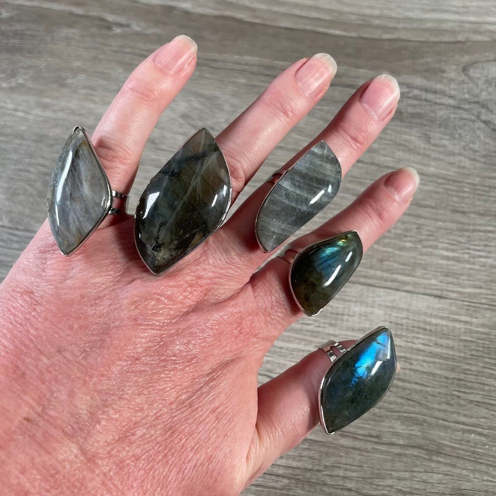 Adjustable labradorite gemstone ring with natural iridescent crystal for wholesale jewelry retailers