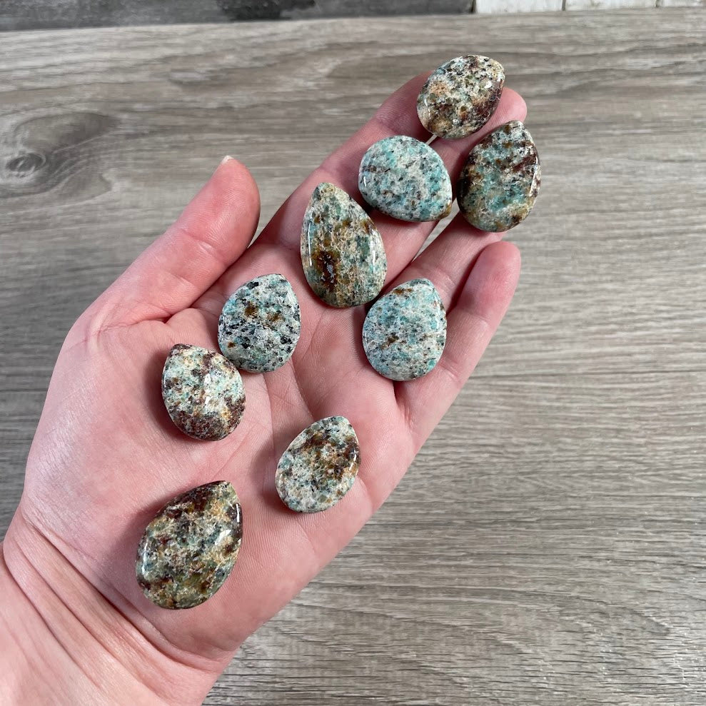 amazonite with biotite polished crystal teardrop stone for gemstone shops and resale