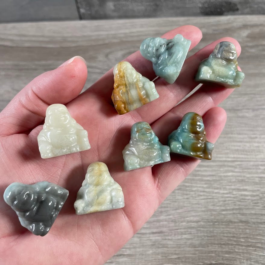 Amazonite natural gemstone Buddha carving with unique stone color and pattern variations