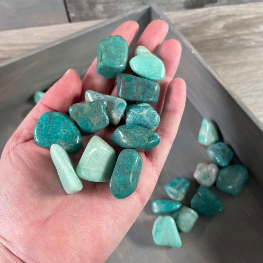 Natural Amazonite tumbled stones in 1 lb wholesale bulk lot featuring polished blue-green gemstones