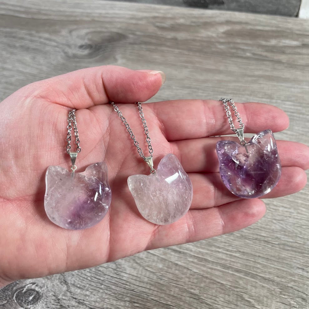 natural amethyst crystal cat face necklace with stainless steel chain for bulk orders