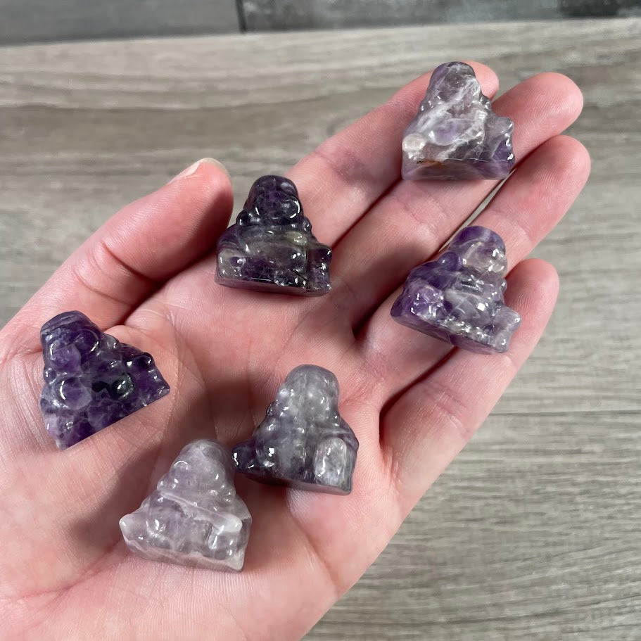 Amethyst crystal Buddha figurine for mindfulness decor, zen displays, and altar supplies