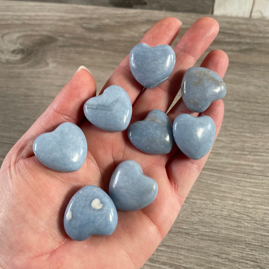 Wholesale angelite crystal pocket heart polished 1-inch gemstone carving