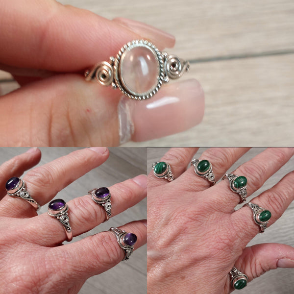 rose quartz amethyst and malachite vintage style sterling silver rings
