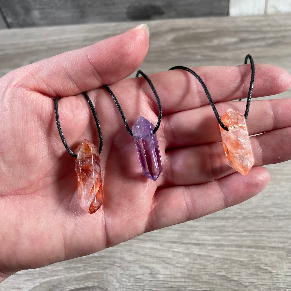 Natural double terminated crystal pendant necklace with adjustable cord and metal-free design