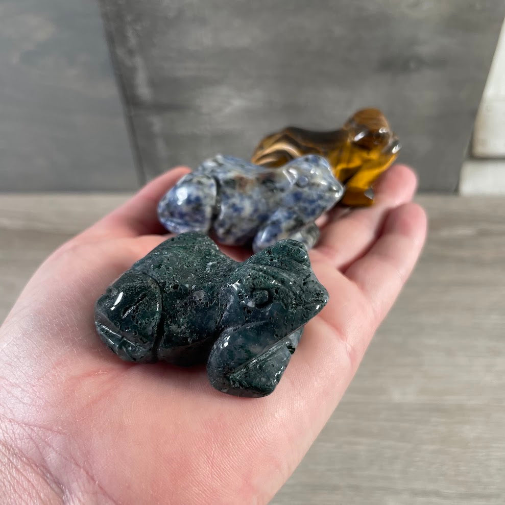 Gemstone frog figurines carved from assorted crystal materials