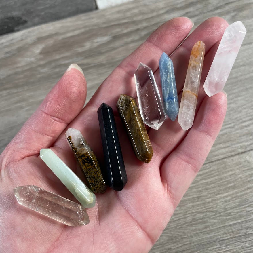 small double terminated crystal points handmade in Brazil from assorted natural gemstones.