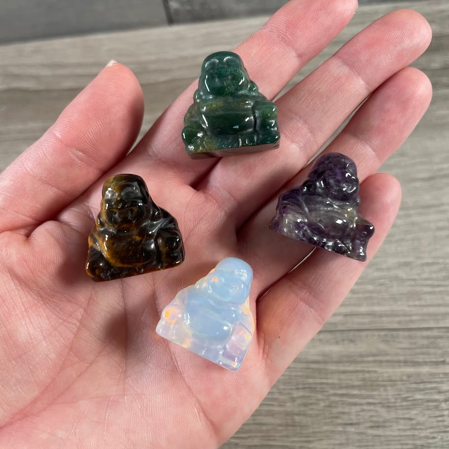 Small gemstone assorted Buddha carving for meditation displays, altar decor, and crystal shops