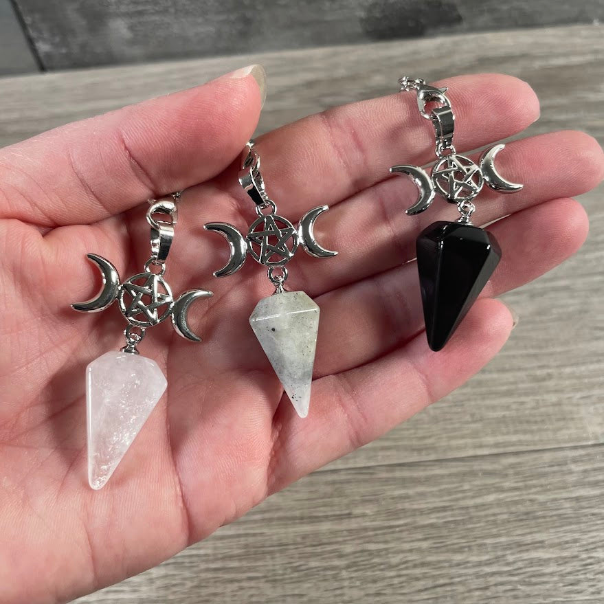Assorted gemstone wholesale triple moon crystal pendulum for dowsing and spiritual gift collections