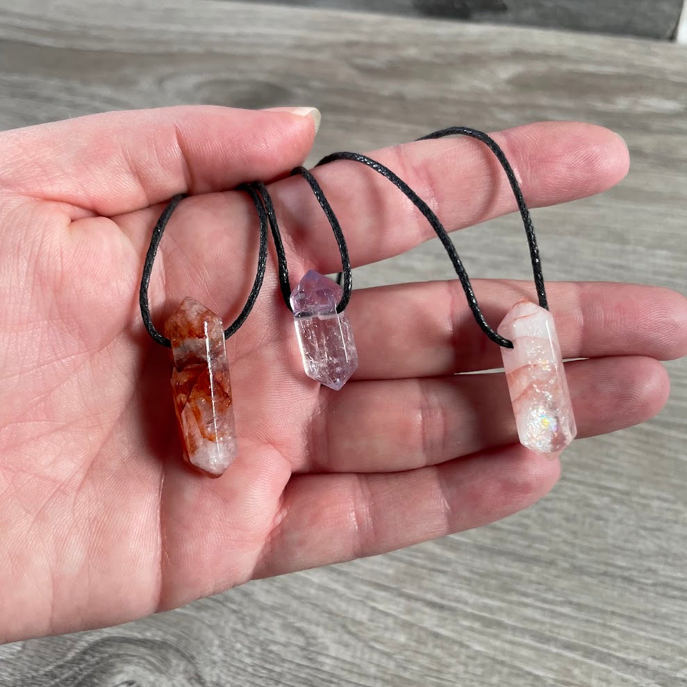 assorted adjustable metal-free gemstone necklace with natural crystal point pendant