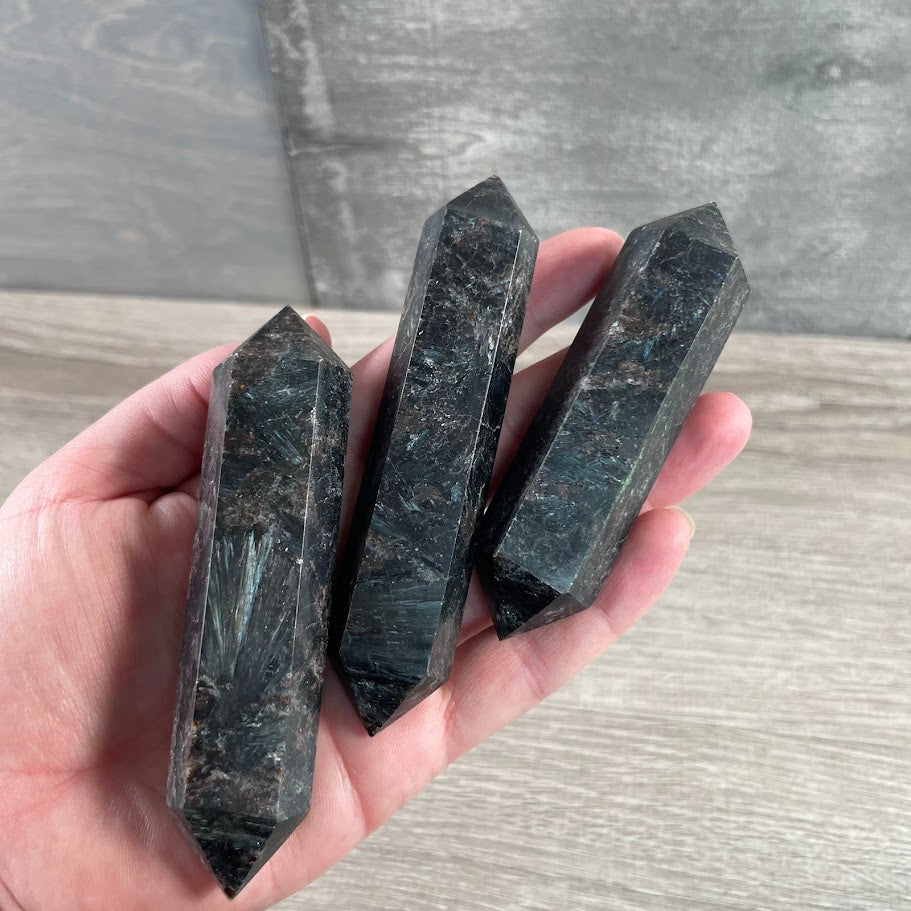 astrophyllite double terminated gemstone wands sold by weight for crystal shops and resale
