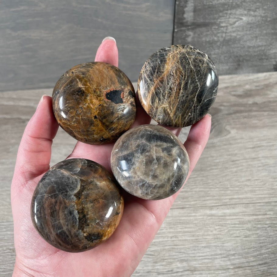 gift store crystals polished stones, black moonstone
