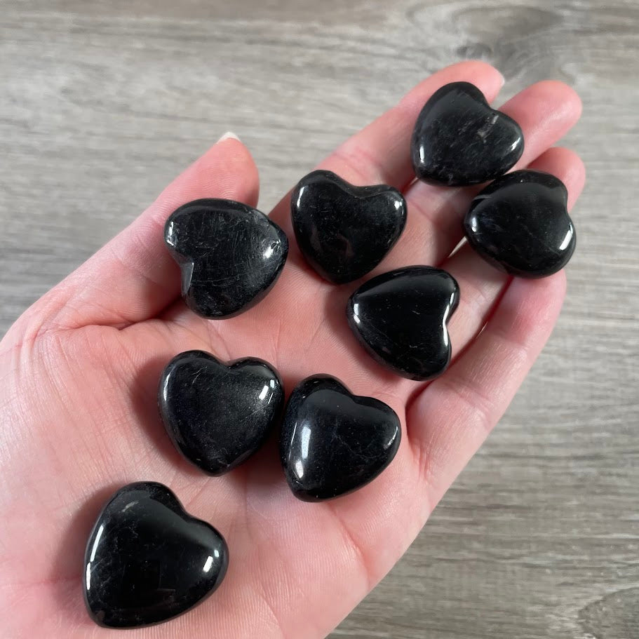Natural polished black tourmaline gemstone heart small puffy crystal pocket stone

