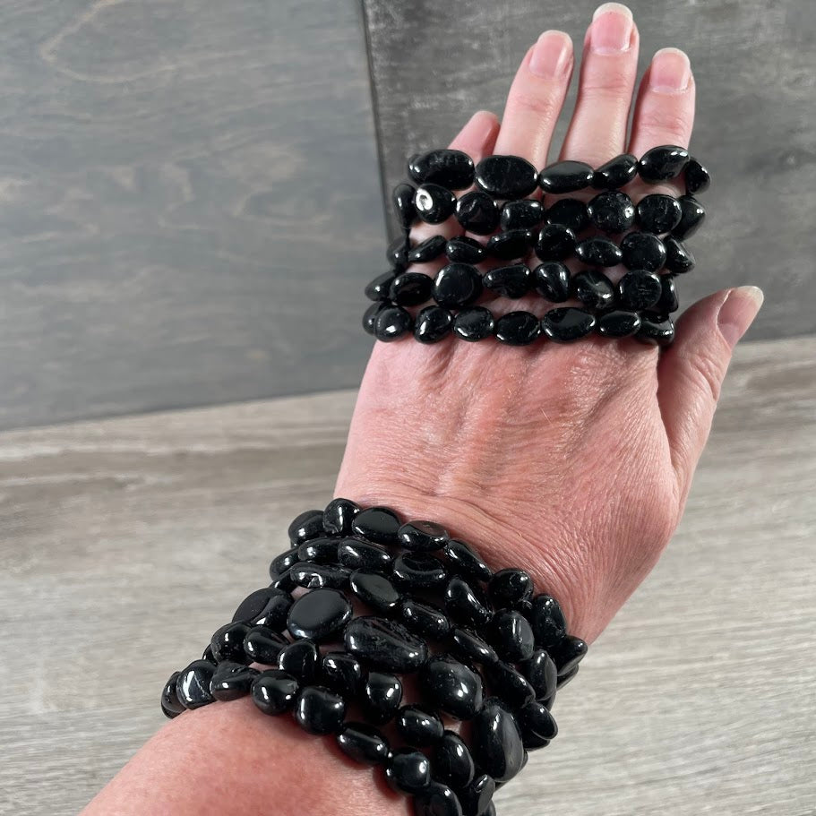 Gemstone black tourmaline nugget bracelets with polished natural stones