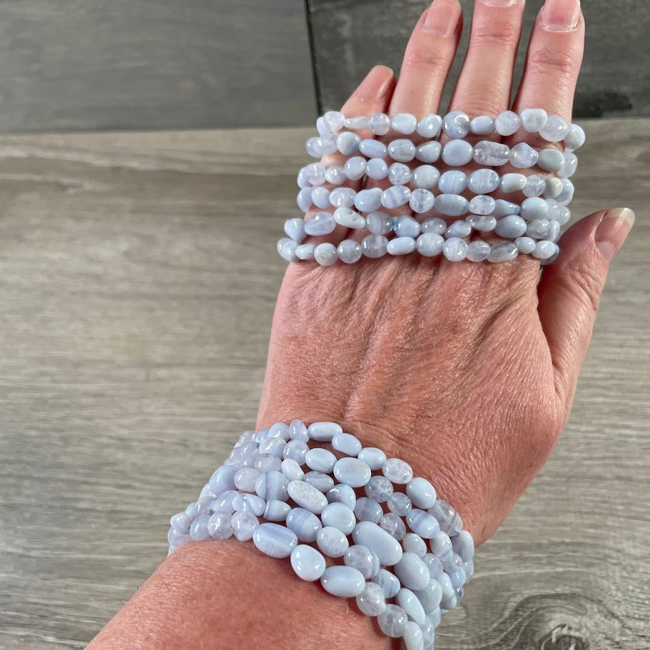 Blue lace agate gemstone stretch bracelet with polished crystal nuggets
