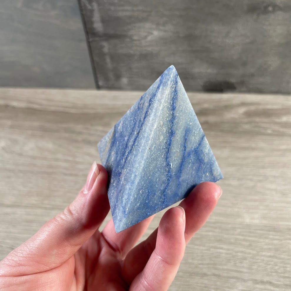 blue quartz natural gemstone tetrahedron Platonic solid crystal carving