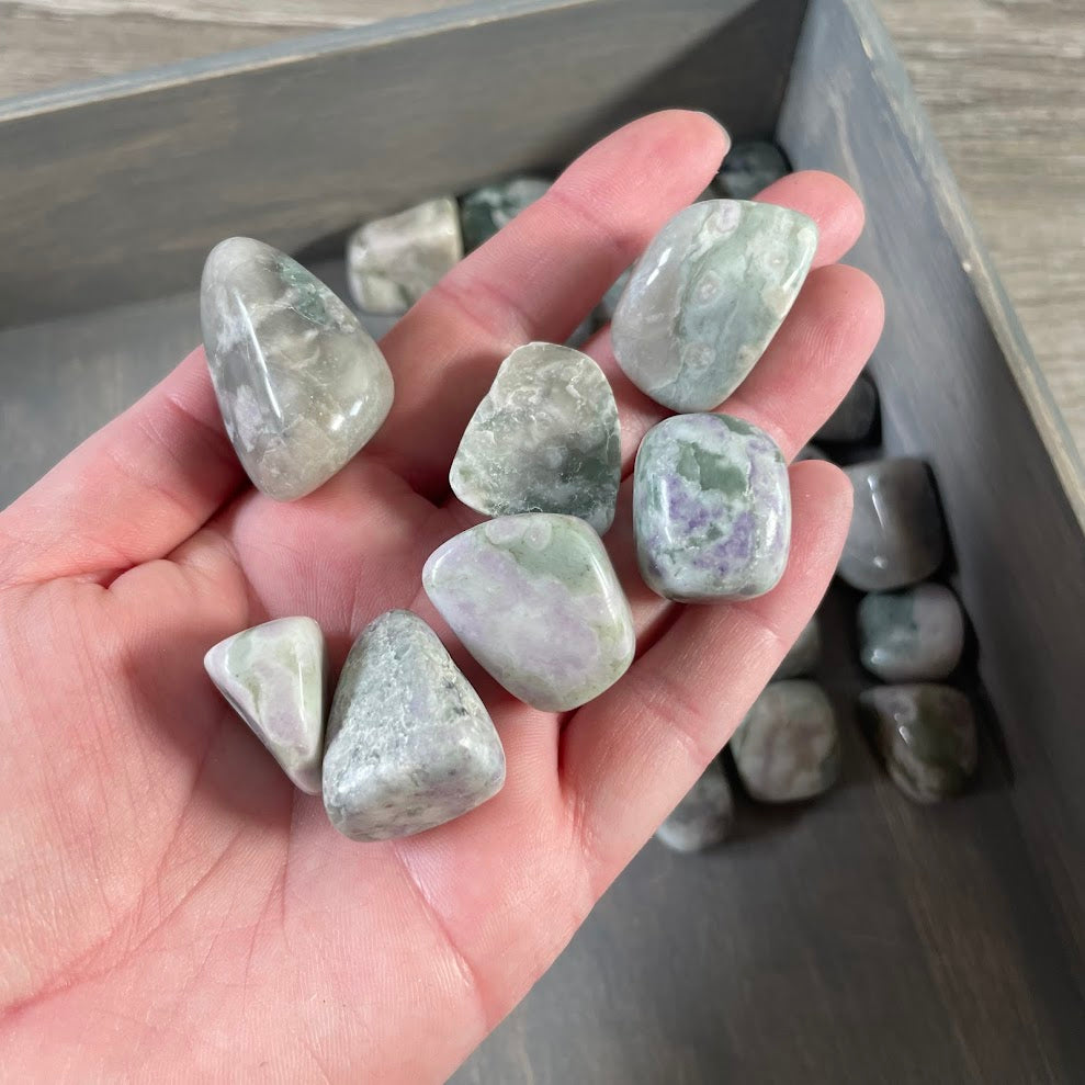 Bulk Peace Jade tumbled stones with green cream and yellow polished gemstones