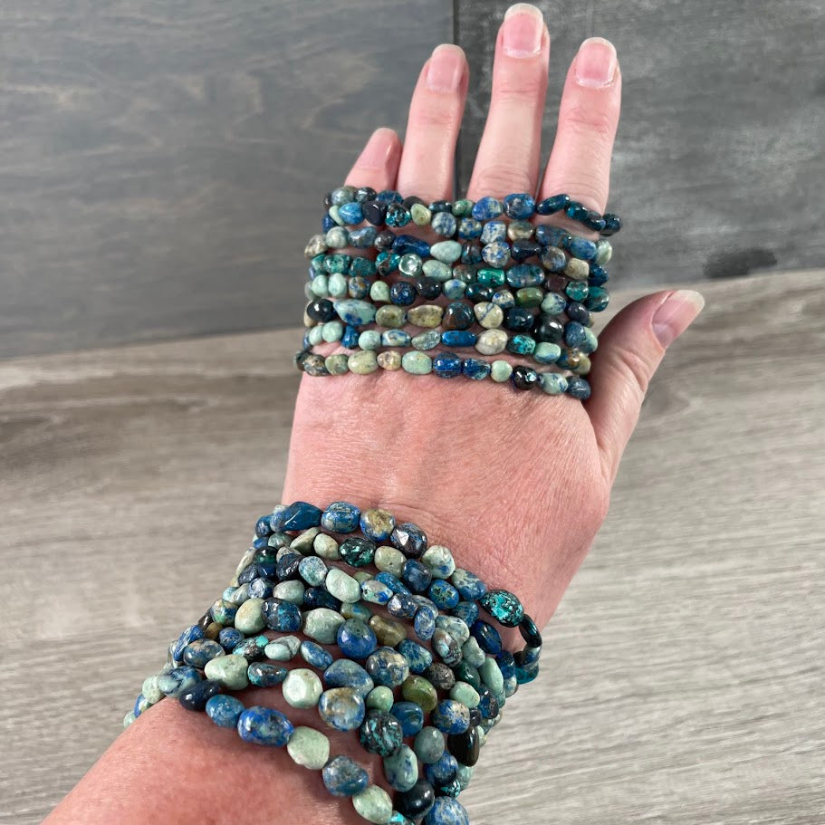 chrysocolla gemstone nugget jewelry with polished natural crystal beads for layering and stacking wholesale
