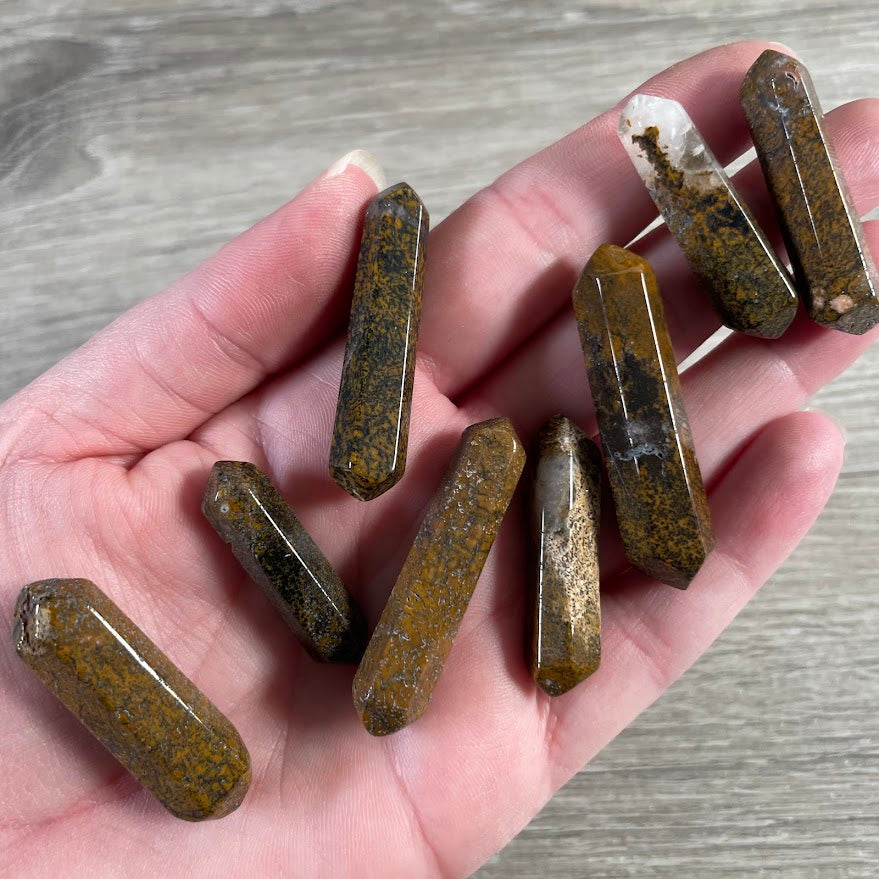 Handmade cosmic jasper Brazilian double terminated gemstone points with natural color, pattern, and stone variation