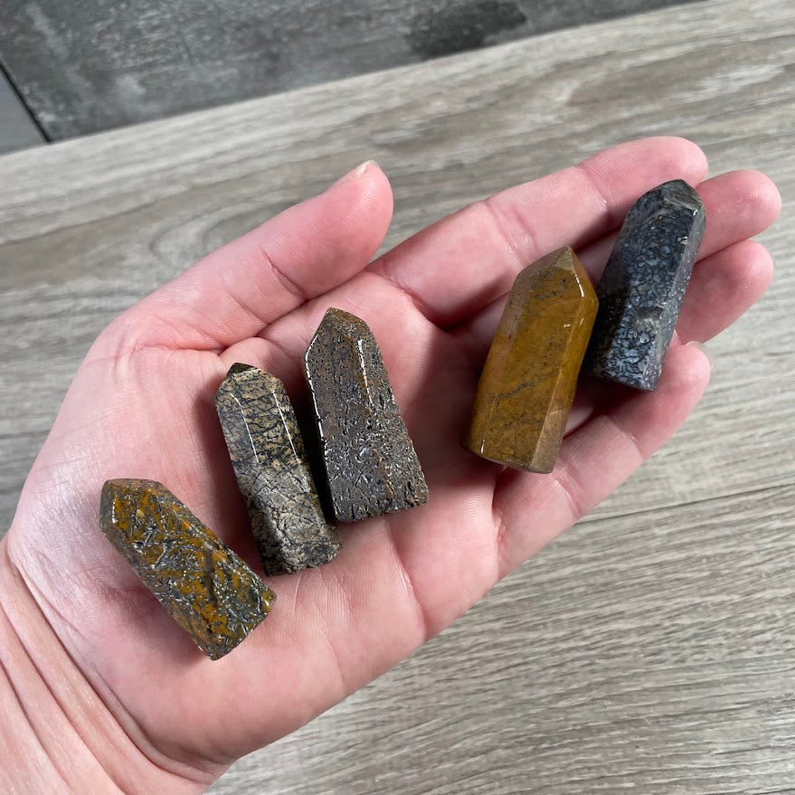 Small cosmic jasper gemstone crystal obelisks from Brazil for wholesale crystal shops