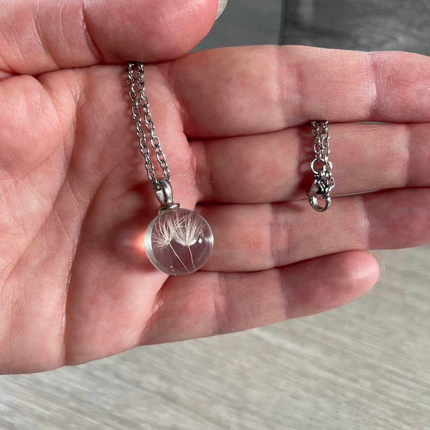 Real dandelion seed pendant necklace for botanical and nature jewelry collections
