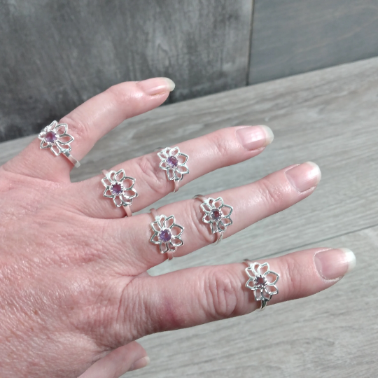 Sterling Silver ring with Lotus Flower setting and amethyst center stone