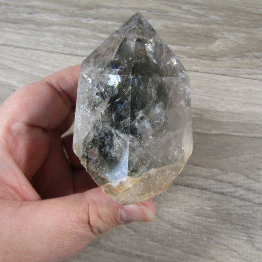 Chlorite Garden Quartz Point with forest-like inclusions on display