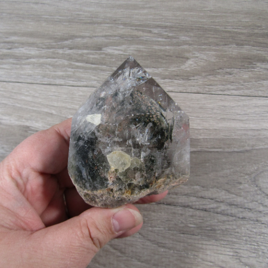 Natural Chlorite Garden Quartz Point with lush inclusions for display