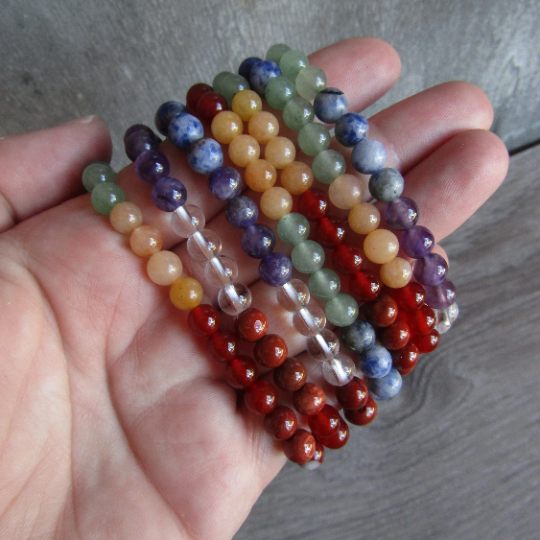 Stretchy bracelet made from 6mm round crystal beads with chakra colors