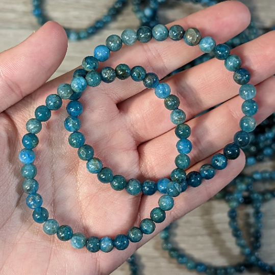 Stretchy bracelet made from 6mm round blue apatite beads