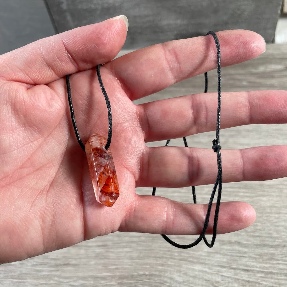 fire quartz double terminated gemstone pendant necklace with adjustable metal-free cord for men