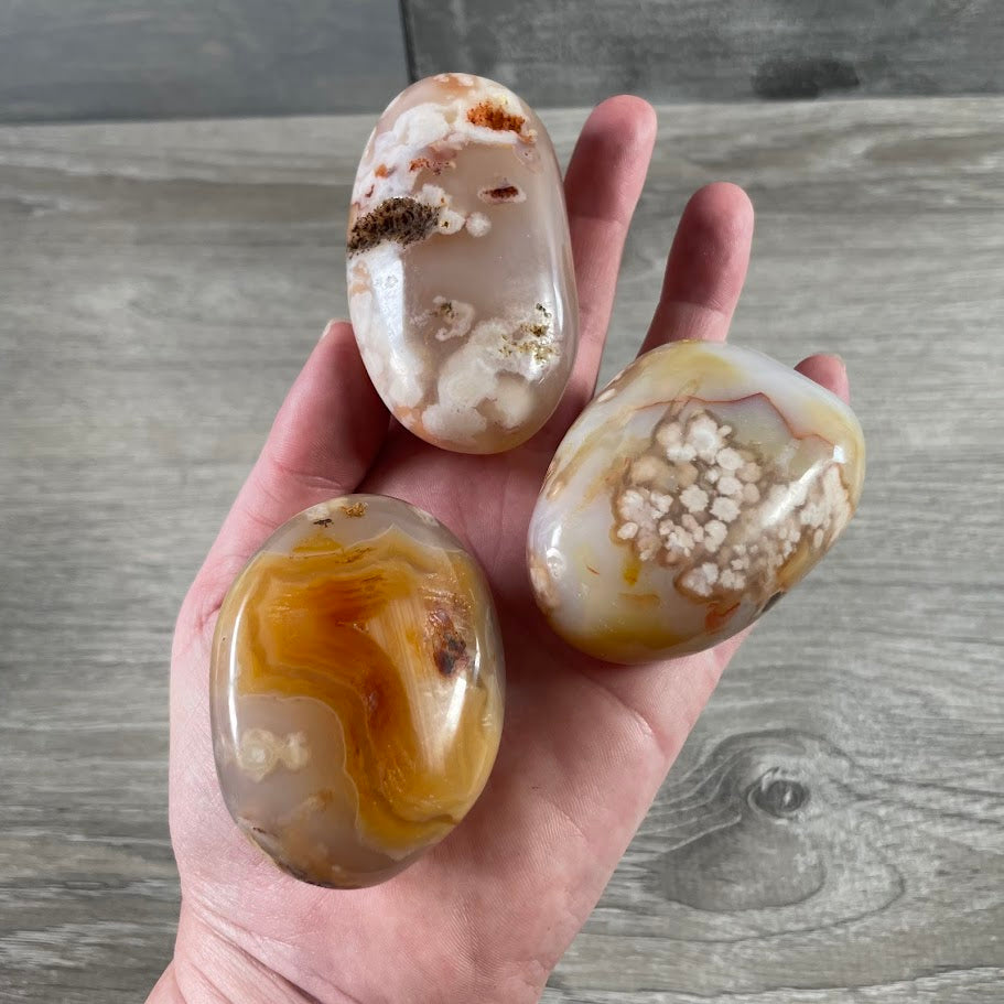 polished gemstone palm stones flower agate