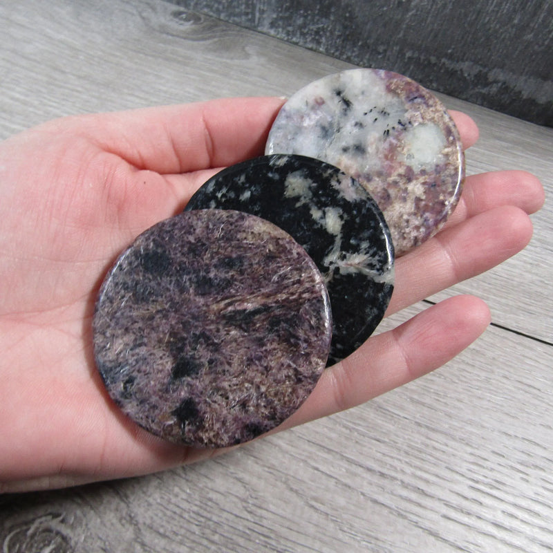 Large gemstone charoite disk for energy work and light language gridding