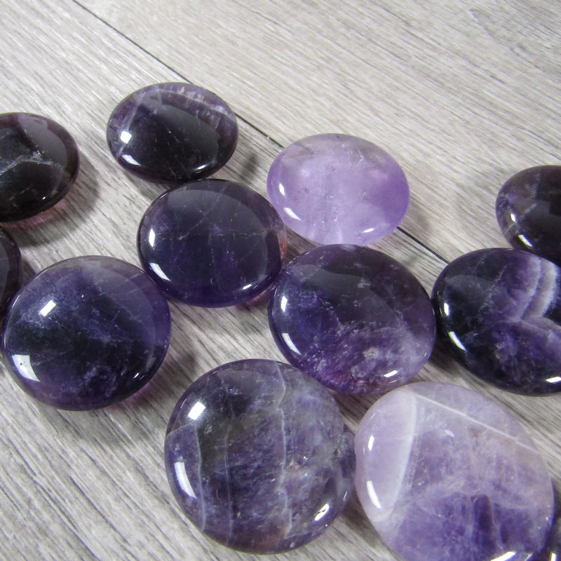 Round Amethyst flat gemstone disk for chakra balancing