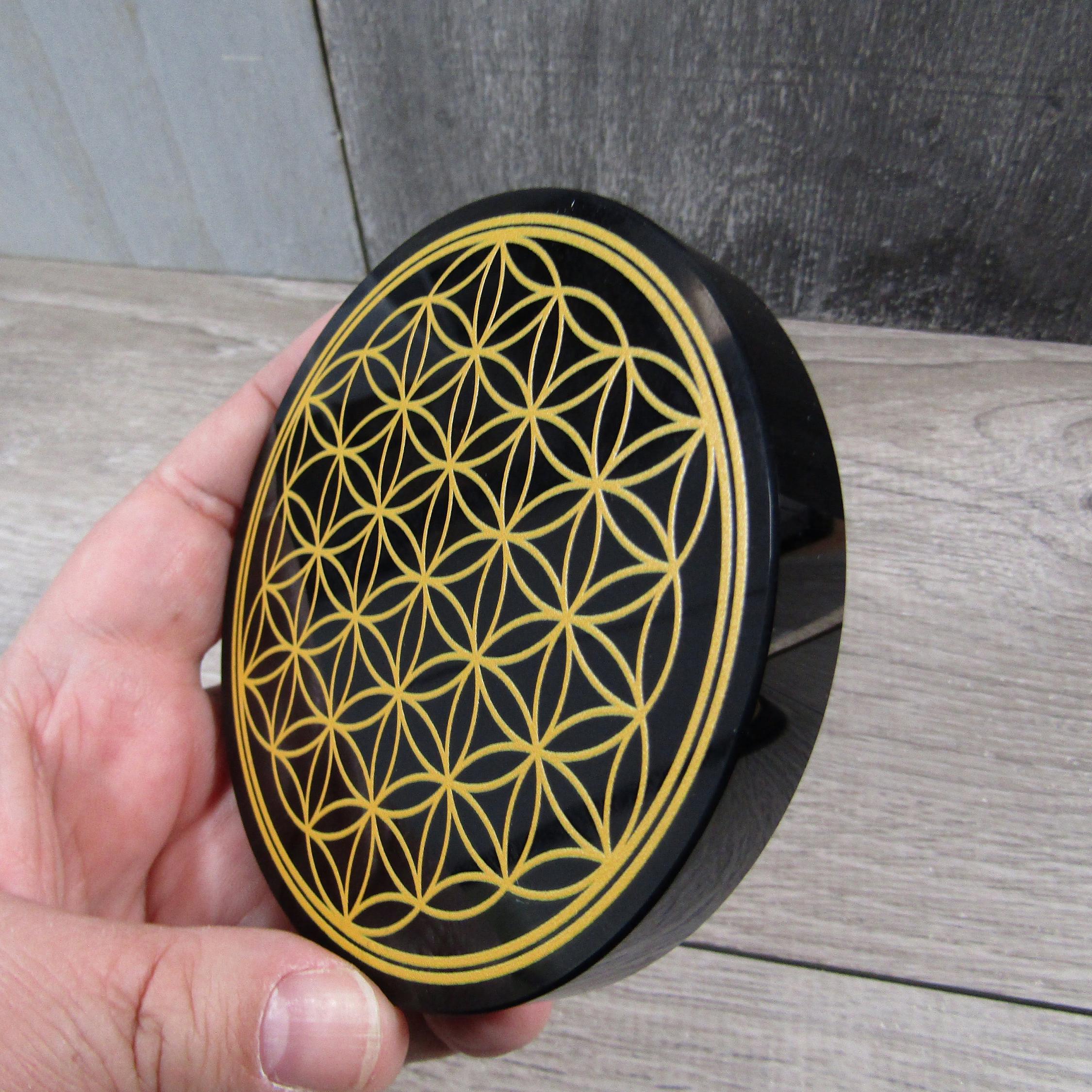 obsidian flower of life with gold etching