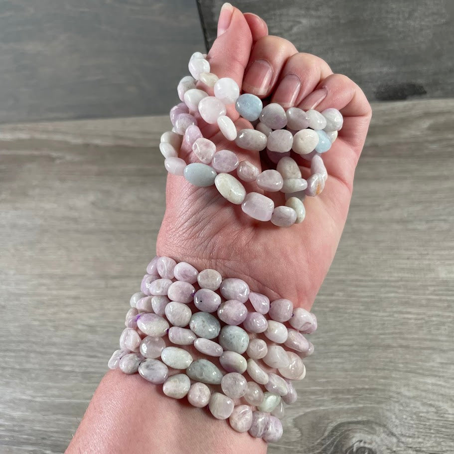 kunzite crystal nugget bracelet with polished gemstone beads