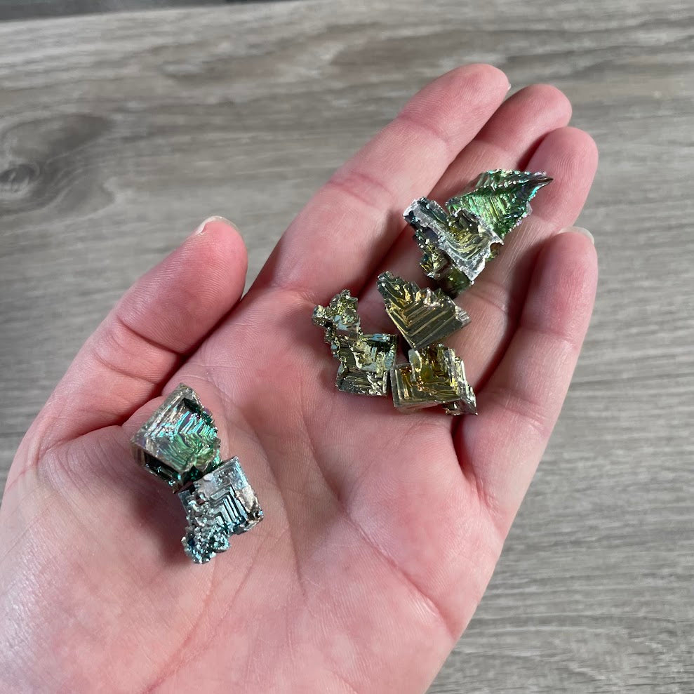 Iridescent bismuth crystal with colorful hopper formation for mineral collectors and rock stores