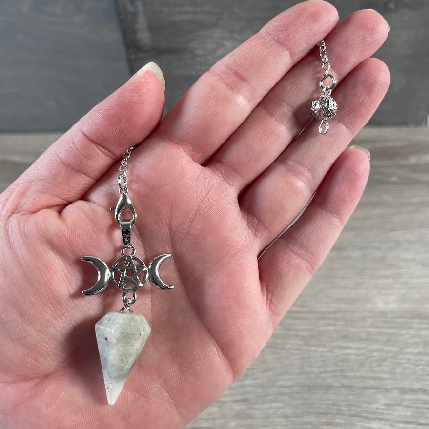 Labradorite Triple Moon crystal divination pendulum with celestial-inspired gemstone design