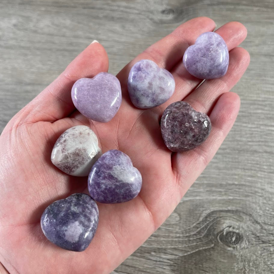 Polished lepidolite puffy gemstone heart wholesale crystal shop supply