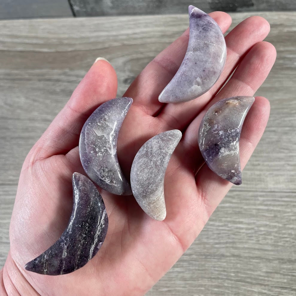 Lepidolite gemstone crescent moons polished crystal carvings for gift shops