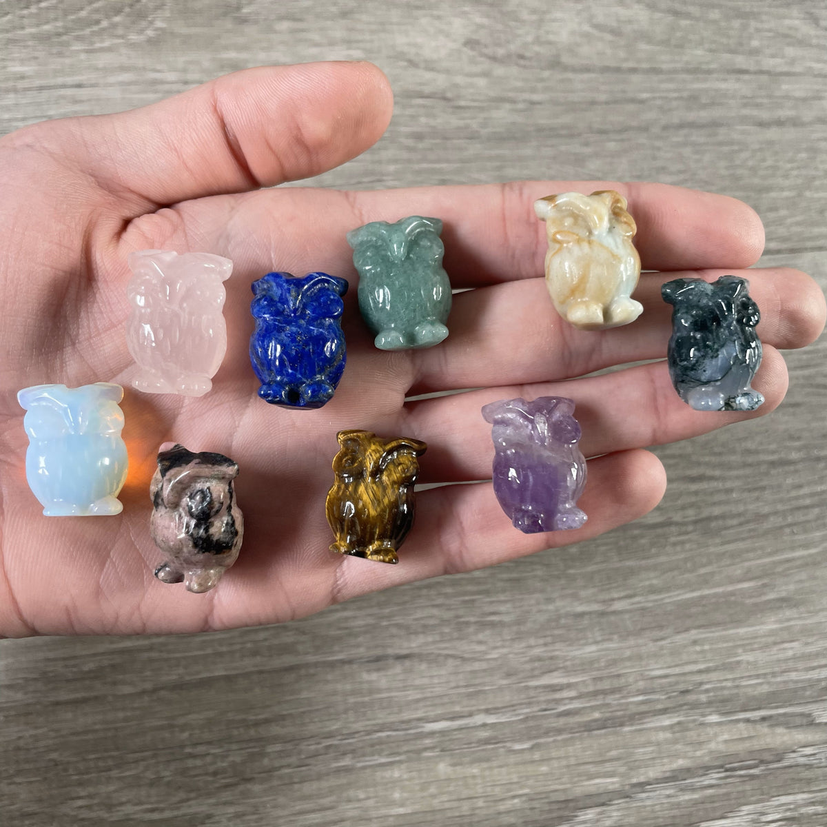 Mini gemstone owl statue, small carved stone animal for crystal and owl collections  gift shop supplier