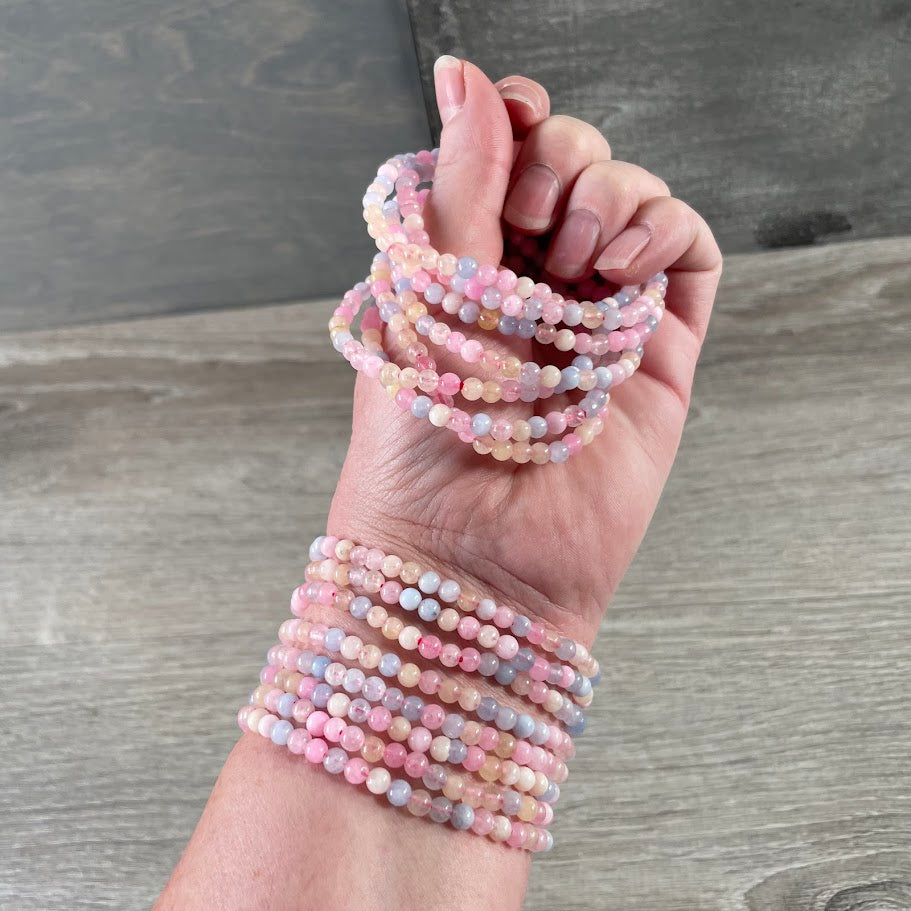 Morganite natural gemstone bracelet with 4mm polished crystal beads
