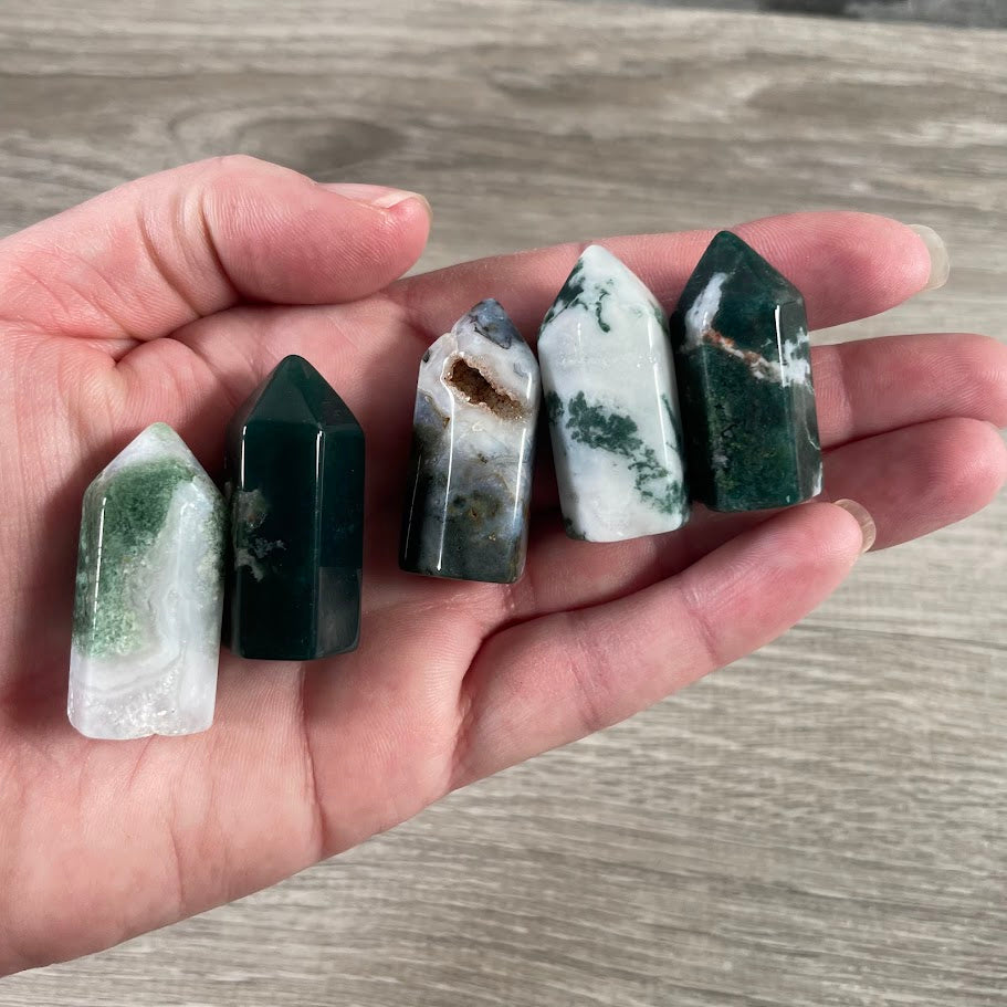 Moss Agate wholesale gemstone chubby obelisk small carved crystal tower
