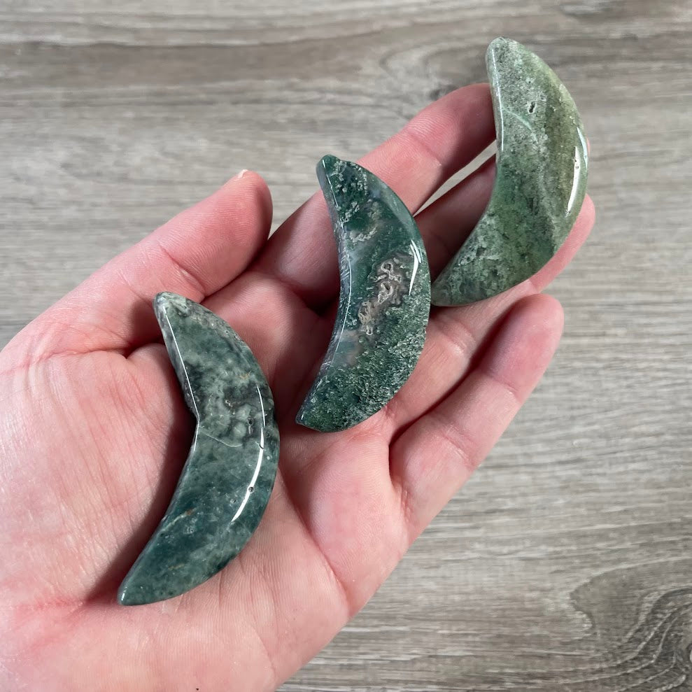 Moss agate gemstone moon carving display retail crystals