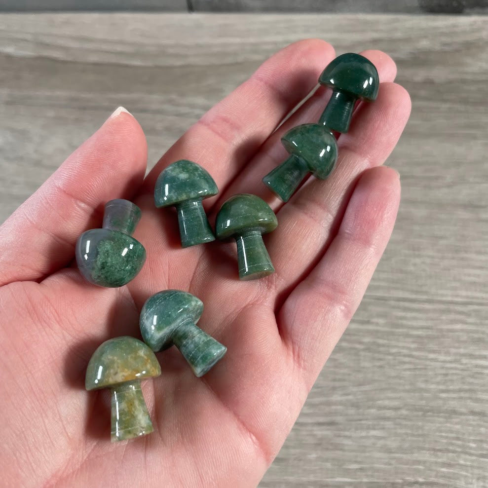 Moss agate crystal mushroom figurine for baskets, bowls, and trays