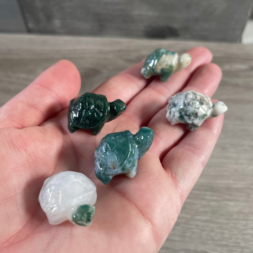 Moss agate small turtle crystal carvings for boutique and gift shop inventory