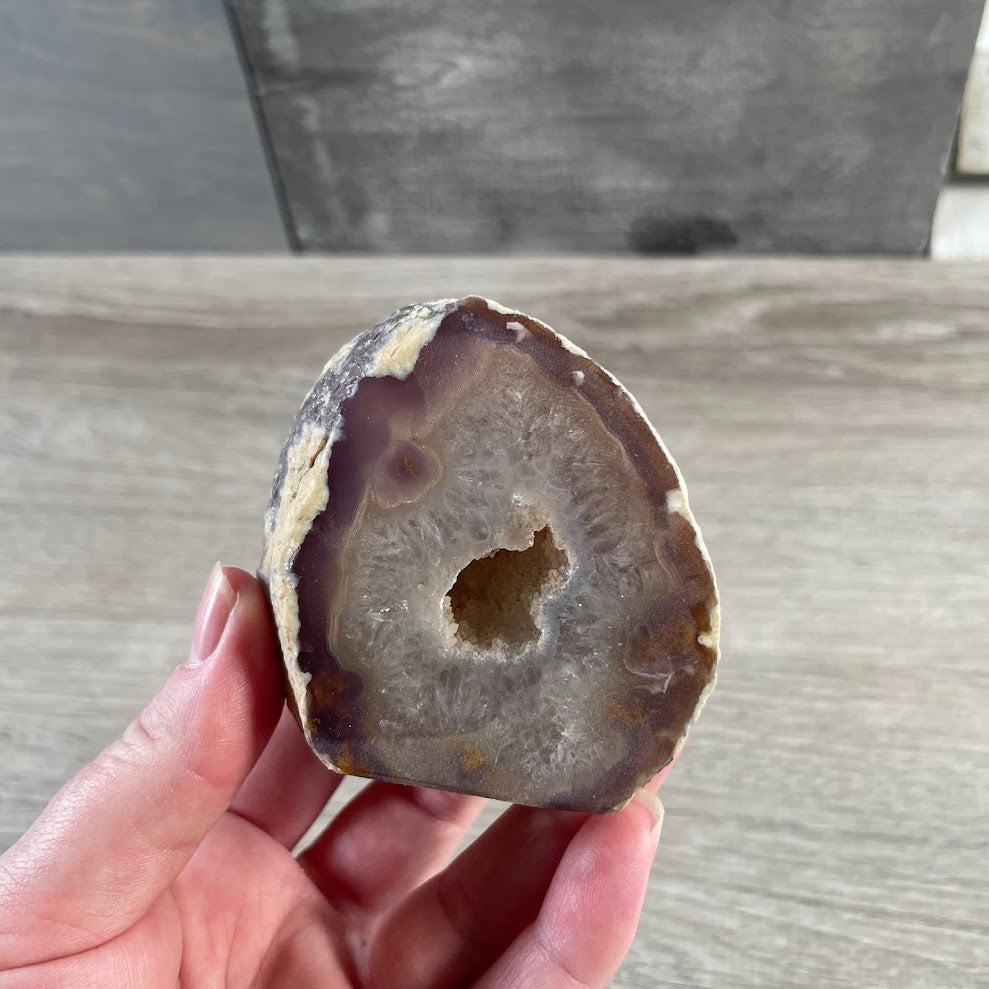 Front polished agate geode specimen with natural druzy crystals