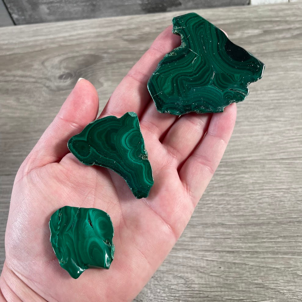 Natural malachite slab with green banded patterns polished mineral specimen