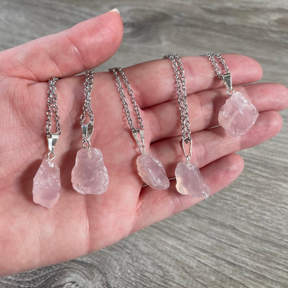 Raw rose quartz crystal necklace with stainless steel chain